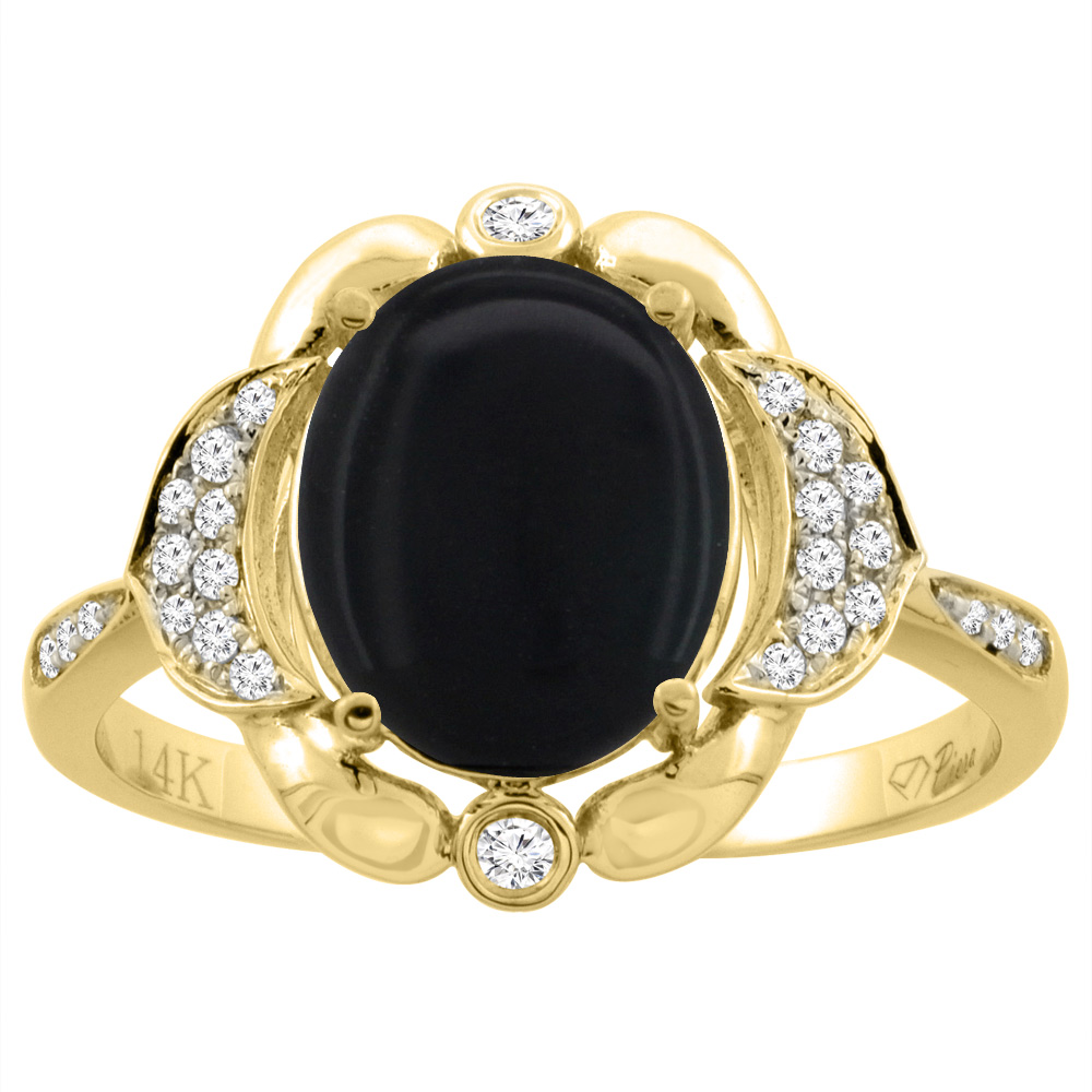14K White Gold Diamond Natural Black Onyx Engagement Ring Oval 10x8mm, sizes 5-10