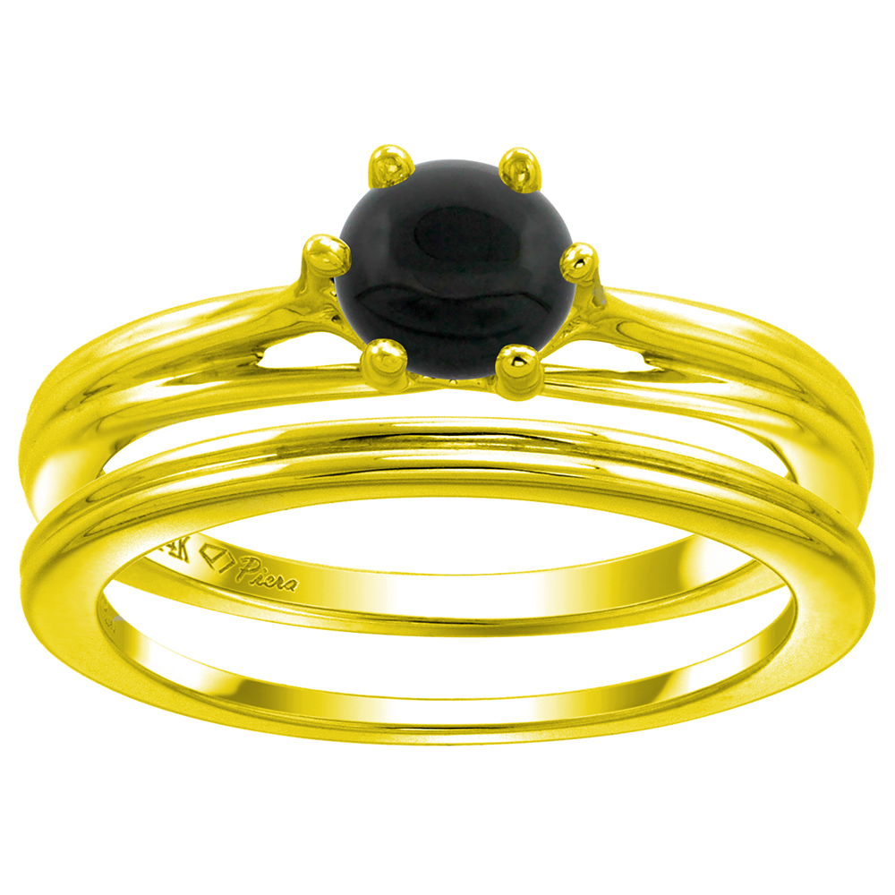 14k Yellow Gold Genuine Black Onyx Solitaire Engagement 2pc Ring Set Round 6mm, size 5-10