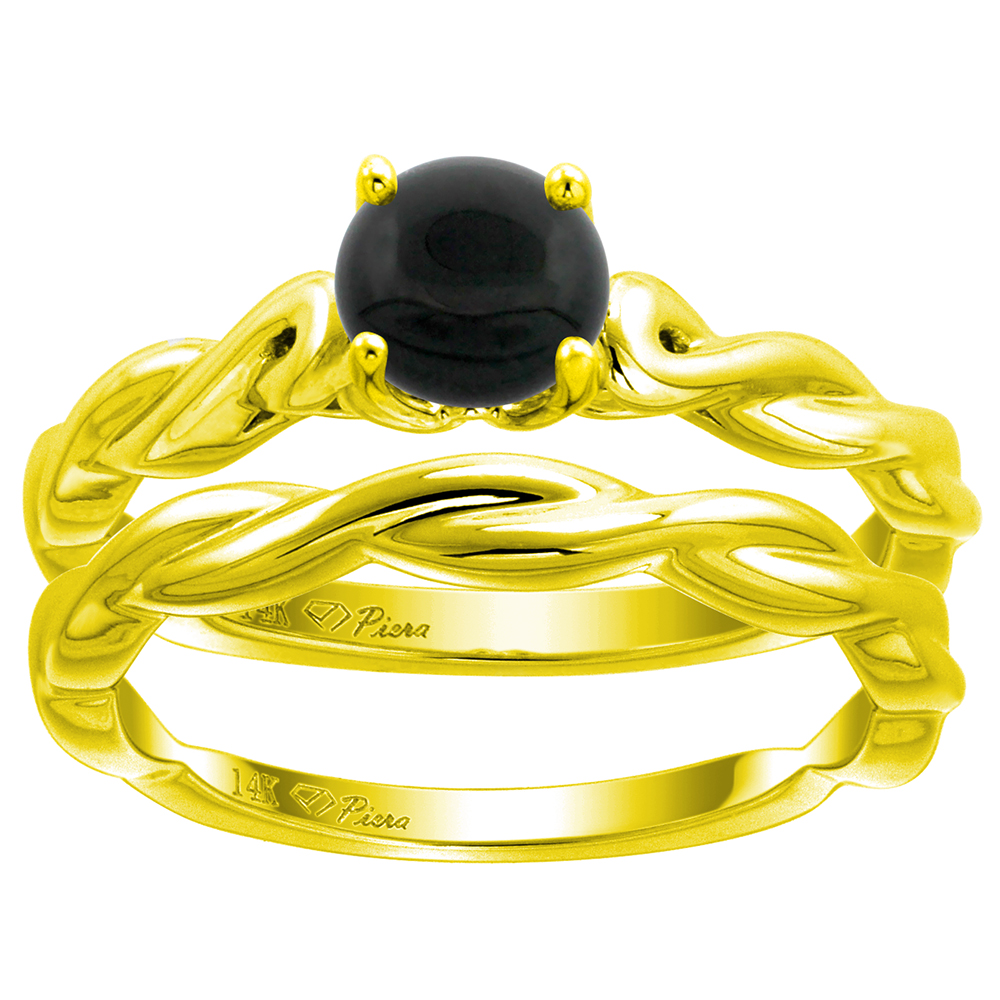 14k Yellow Gold Genuine Black Onyx 2pc Solitaire Engagement Ring Set Round 6mm Twisted Shank, size 5-10