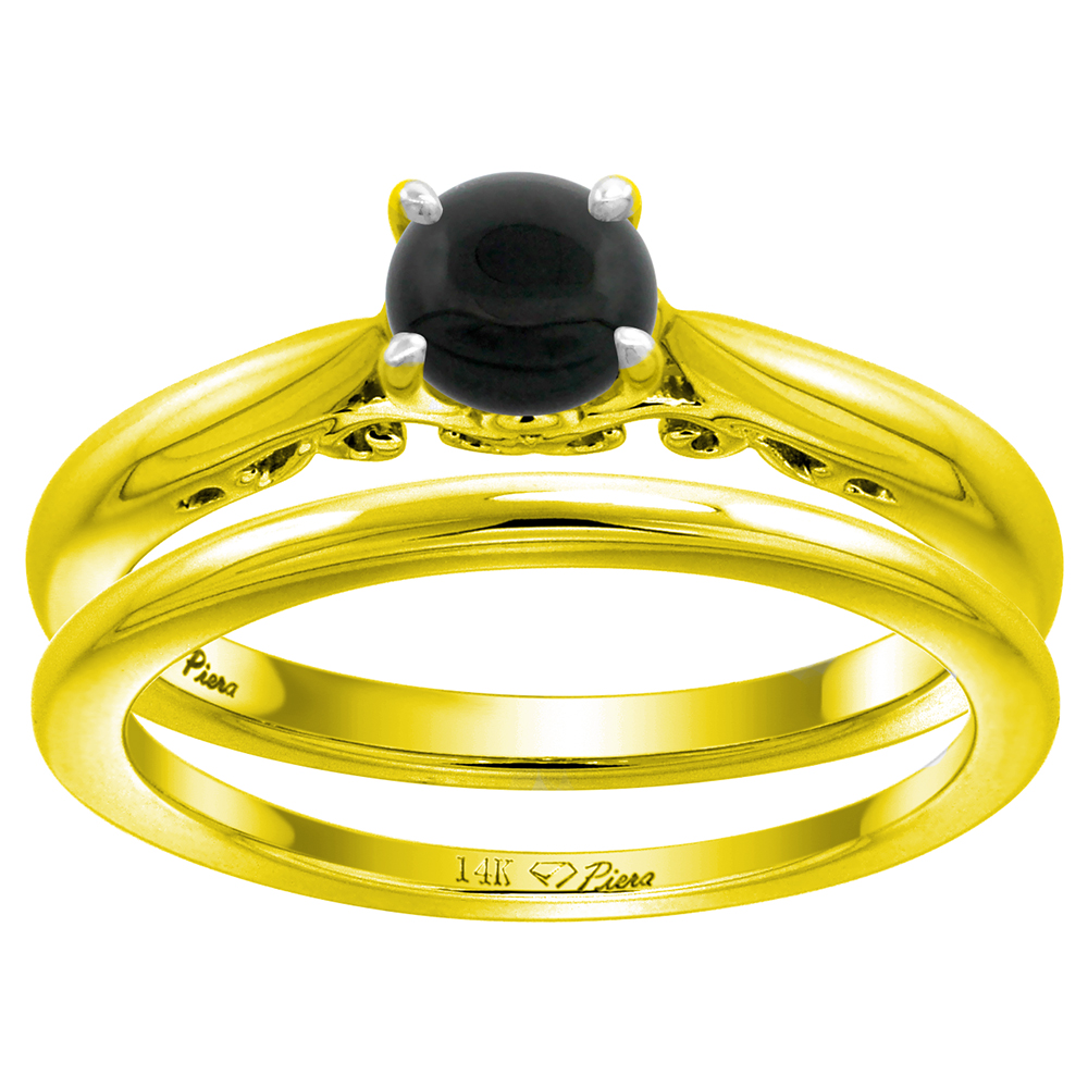 14k Yellow Gold Genuine Black Onyx Solitaire Engagement 2pc Ring Set Round 6mm, size 5-10
