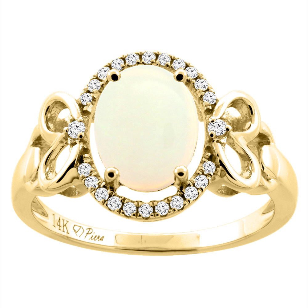 14K Gold Natural Opal Halo Ring Oval 9x7 mm Diamond & Heart Accents, sizes 5 - 10