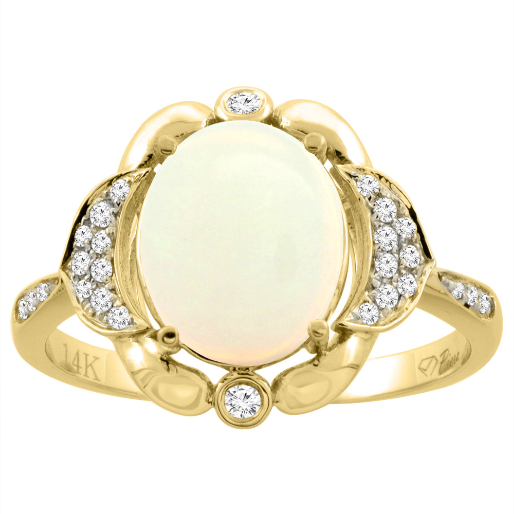14K White Gold Diamond Natural Opal Engagement Ring Oval 10x8mm, sizes 5-10