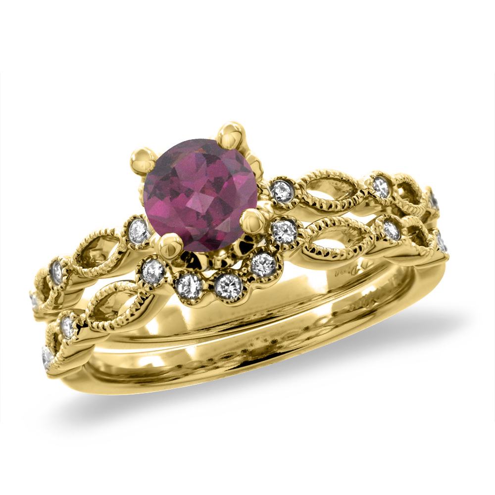 14K Yellow Gold Diamond Natural Rodolite 2pc Engagement Ring Set Round 5 mm, sizes 5 - 10