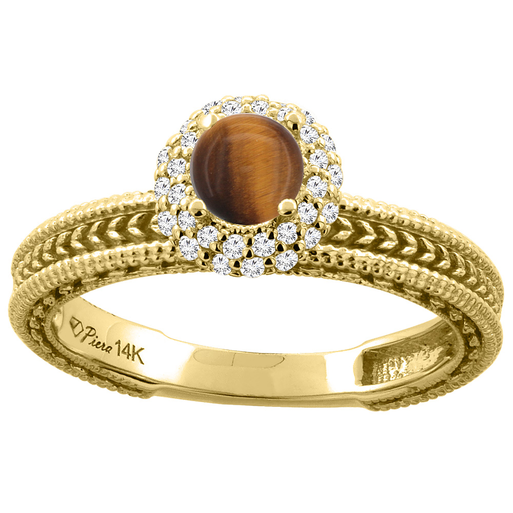 14K White Gold Natural Tiger Eye & Diamond Engagement Ring Round 5 mm, sizes 5-10