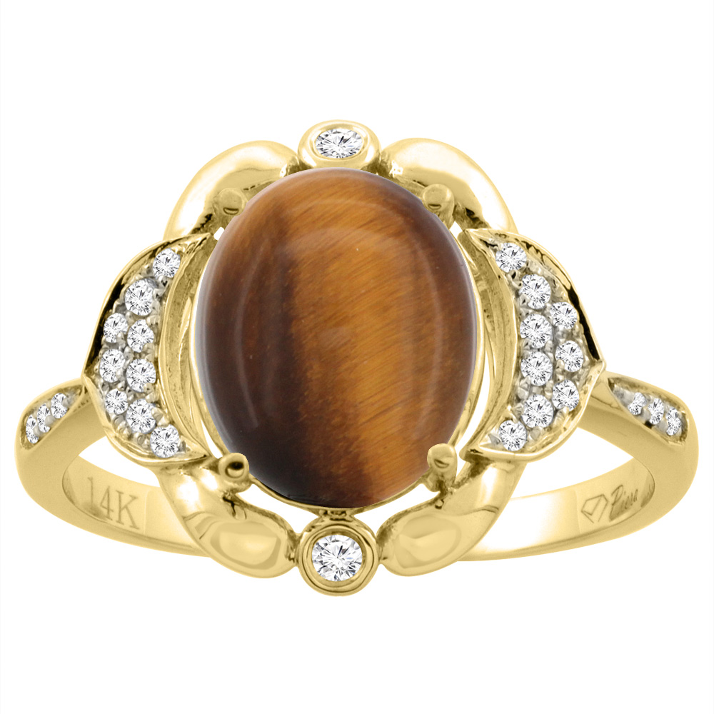 14K White Gold Diamond Natural Tiger Eye Engagement Ring Oval 10x8mm, sizes 5-10