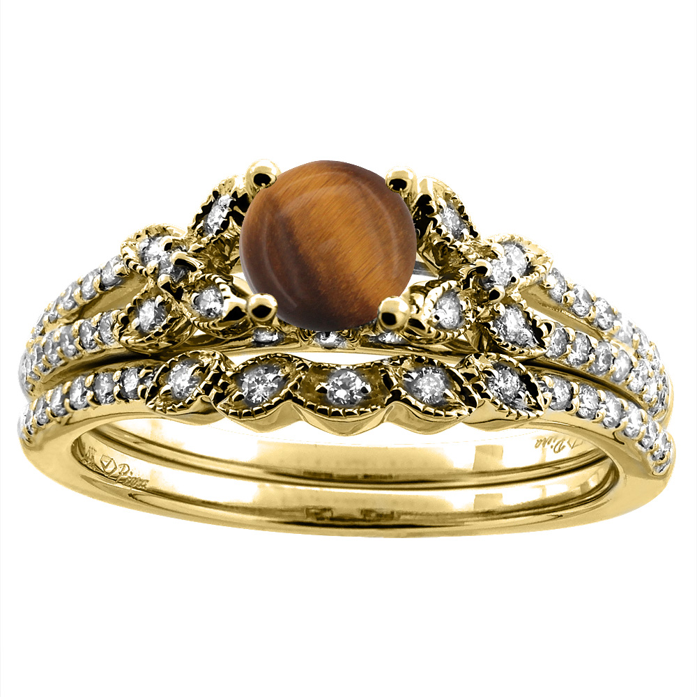14K Yellow Gold Floral Diamond Natural Tiger Eye 2pc Engagement Ring Set Round 5 mm, sizes 5-10