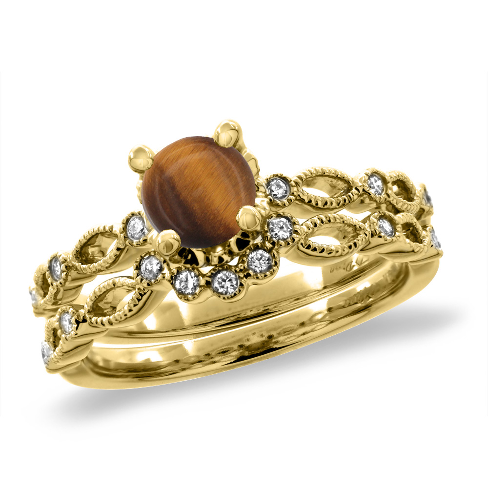 14K Yellow Gold Diamond Natural Tiger Eye 2pc Engagement Ring Set Round 5 mm, sizes 5 - 10