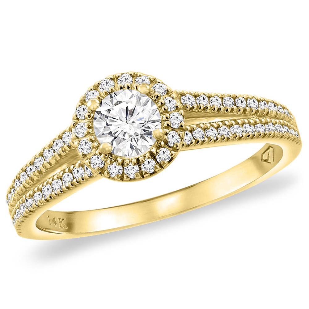 14K Yellow Gold 0.52 cttw Genuine Diamond Halo Split Shank Engagement Ring, sizes 5 -10