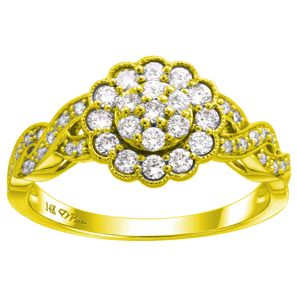 14k Yellow Gold 0.48cttw Genuine Diamond Halo Flower Engagement Ring Infinity Shank, size 5-10