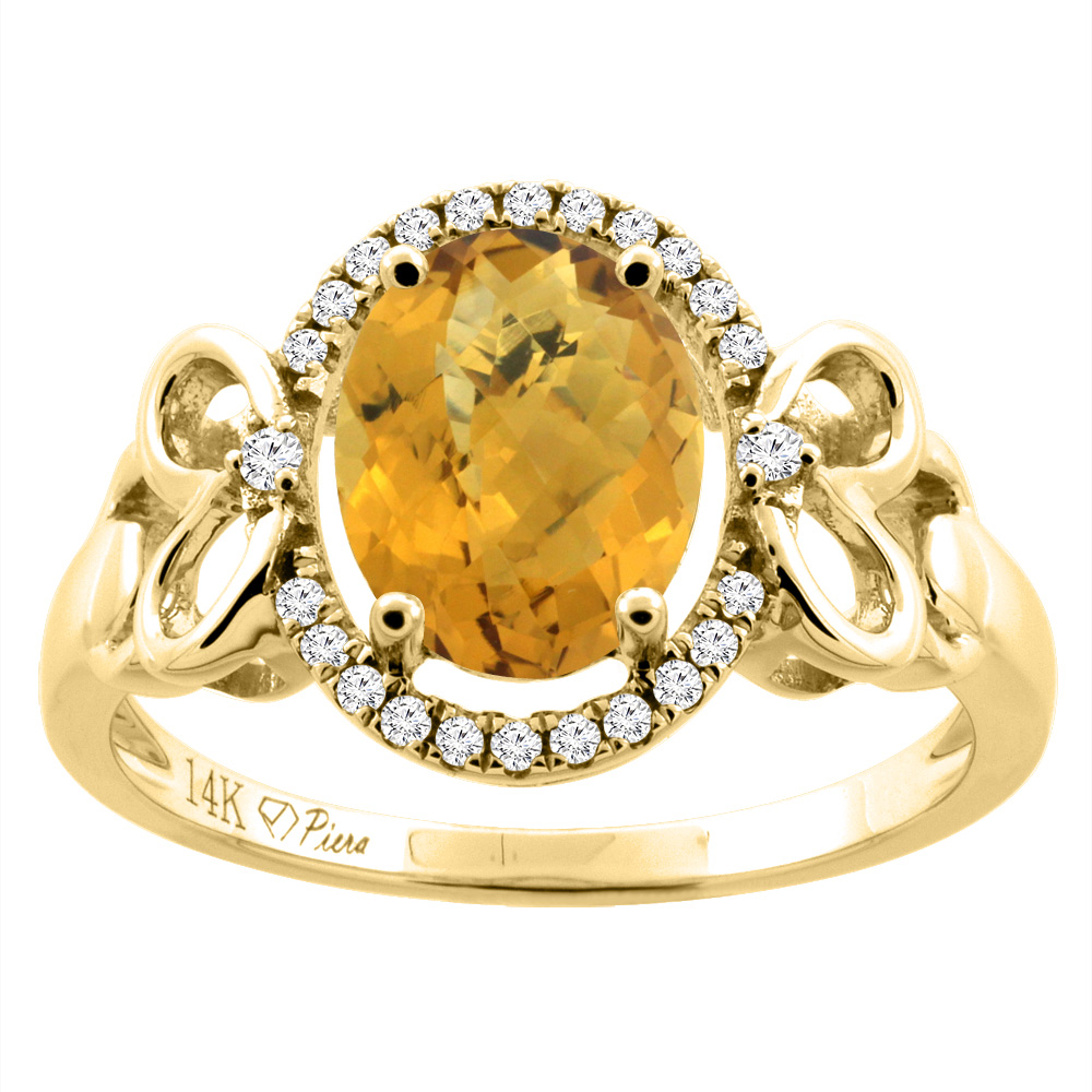 14K Gold Natural Whisky Quartz Halo Ring Oval 9x7 mm Diamond & Heart Accents, sizes 5 - 10