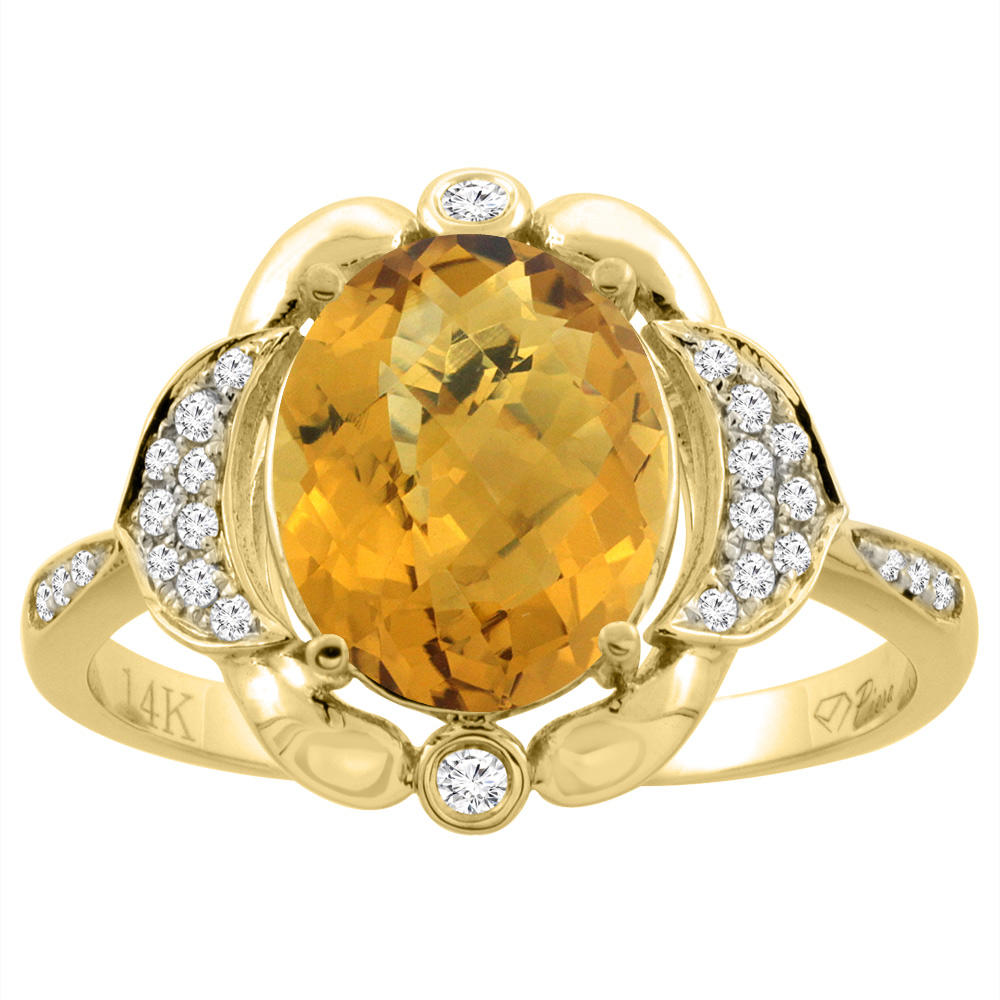 14K White Gold Diamond Natural Whisky Quartz Engagement Ring Oval 10x8mm, sizes 5-10