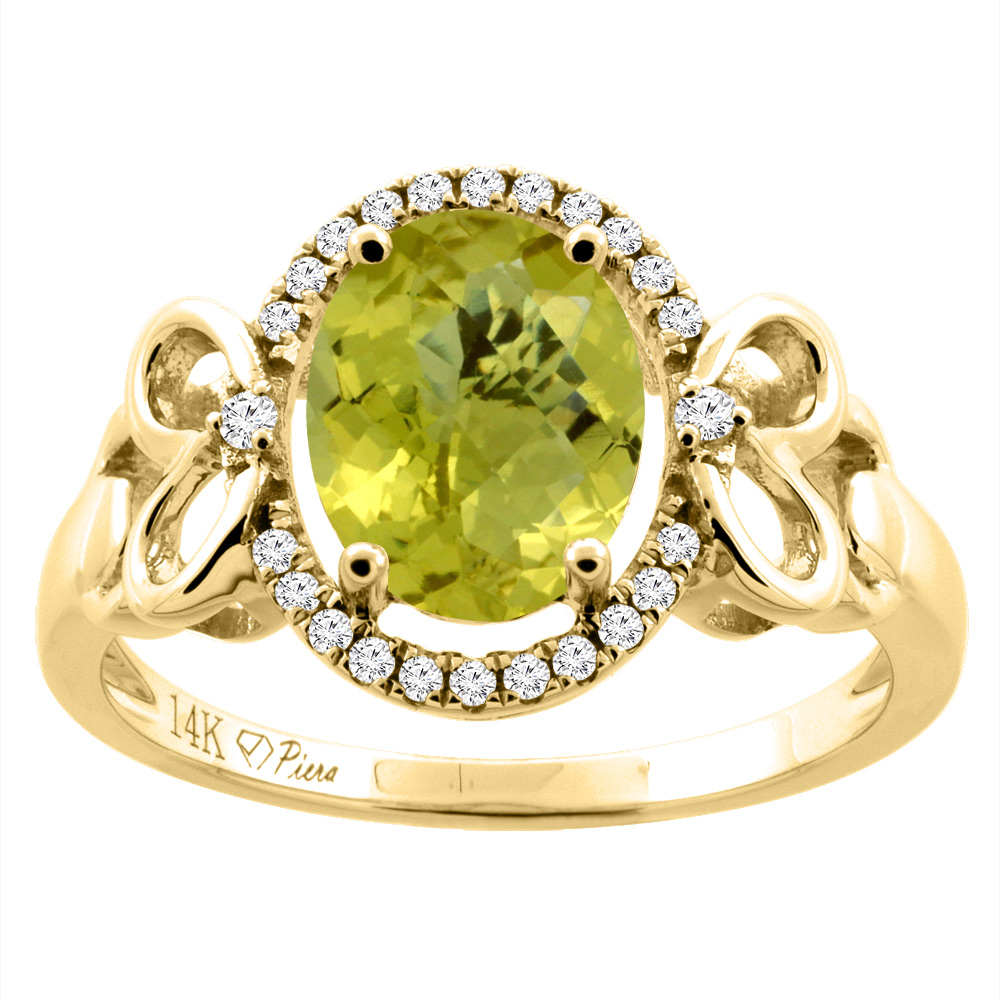 14K Gold Natural Lemon Quartz Halo Ring Oval 9x7 mm Diamond & Heart Accents, sizes 5 - 10