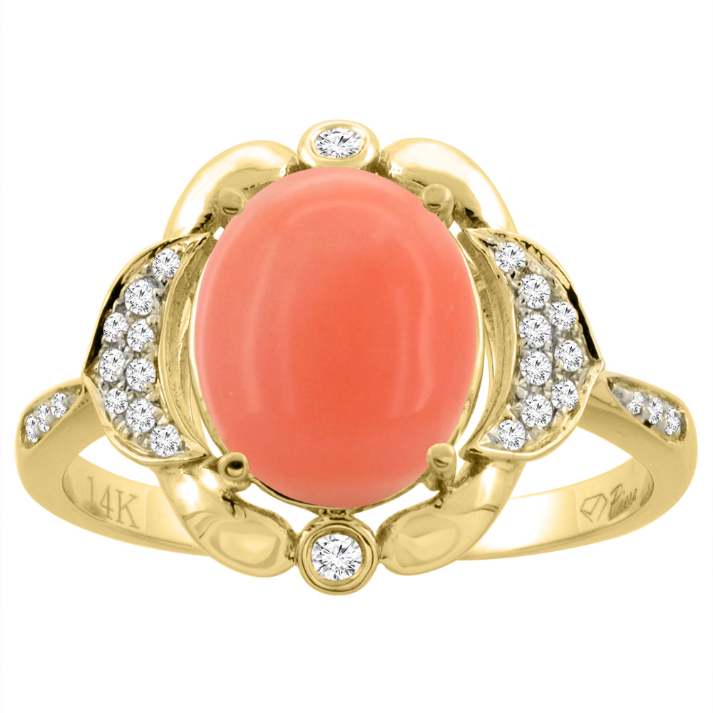 14K White Gold Diamond Natural Coral Engagement Ring Oval 10x8mm, sizes 5-10
