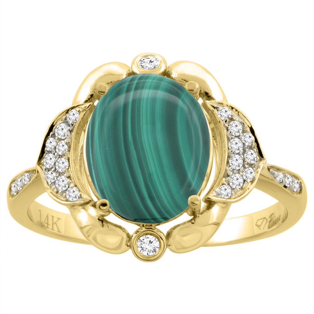 14K White Gold Diamond Natural Malachite Engagement Ring Oval 10x8mm, sizes 5-10