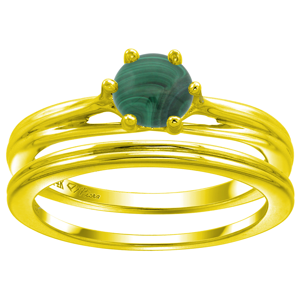 14k Yellow Gold Genuine Malachite Solitaire Engagement 2pc Ring Set Round 6mm, size 5-10