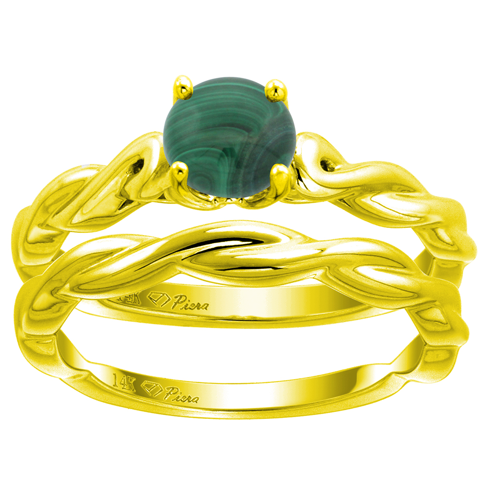 14k Yellow Gold Genuine Malachite 2pc Solitaire Engagement Ring Set Round 6mm Twisted Shank, size 5-10