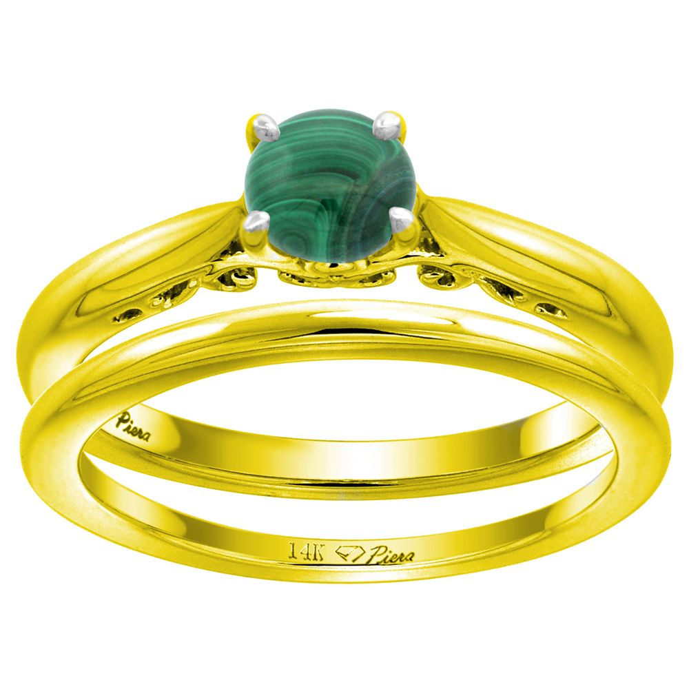 14k Yellow Gold Genuine Malachite Solitaire Engagement 2pc Ring Set Round 6mm, size 5-10