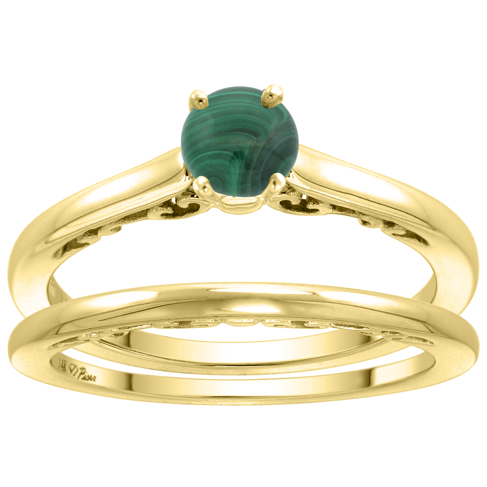 14k Yellow Gold Genuine Malachite Solitaire Engagement 2pc Ring Set Round 4mm, size 5-10