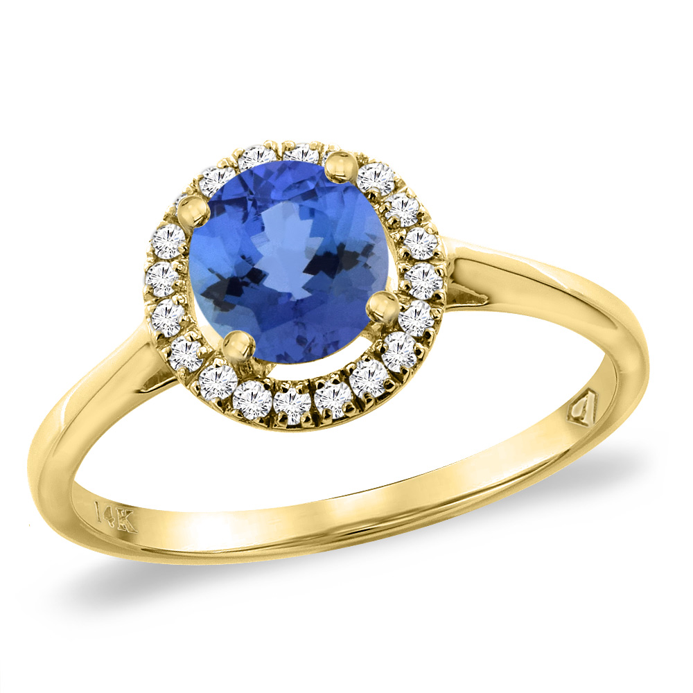 14K Yellow Gold Diamond Halo Natural Tanzanite Engagement Ring Round 6 mm, sizes 5 -10