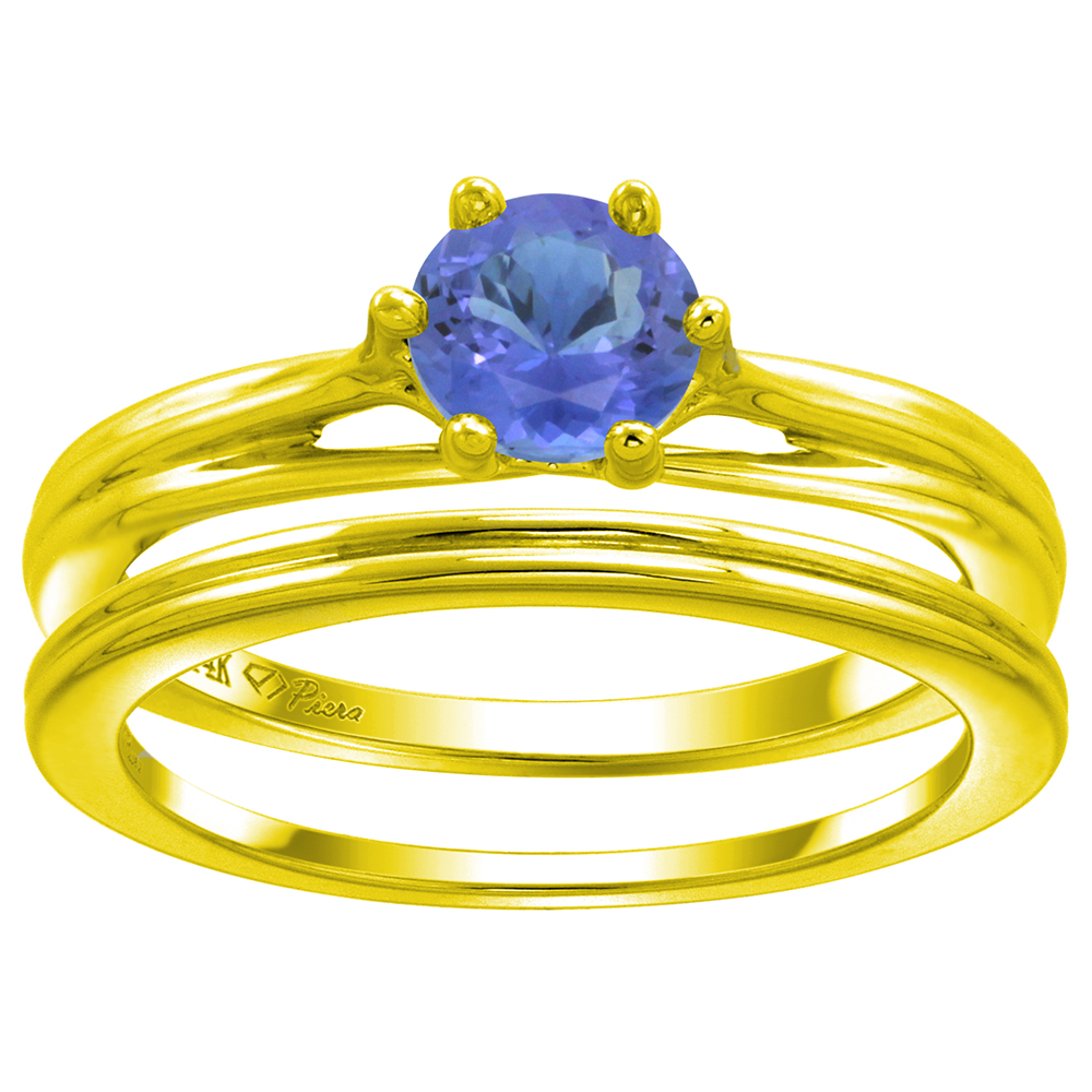 14k Yellow Gold Genuine Tanzanite Solitaire Engagement 2pc Ring Set Round 6mm, size 5-10
