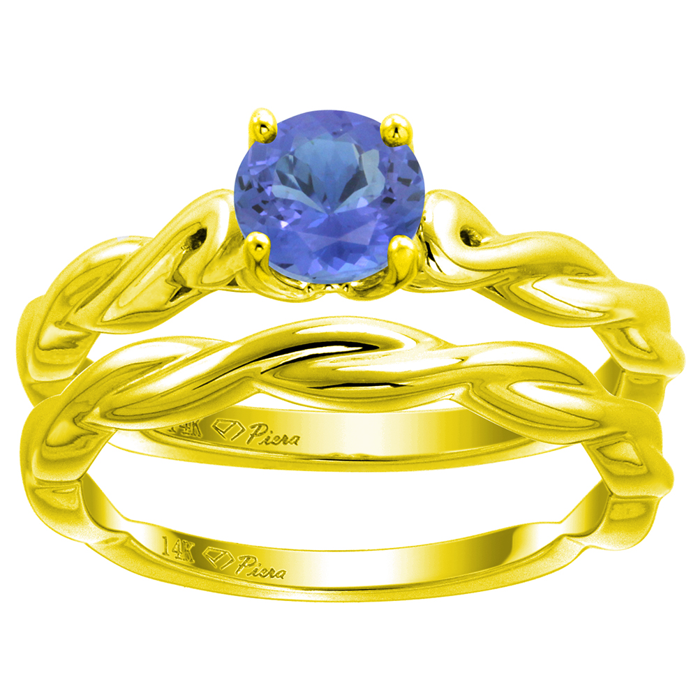 14k Yellow Gold Genuine Tanzanite 2pc Solitaire Engagement Ring Set Round 6mm Twisted Shank, size 5-10