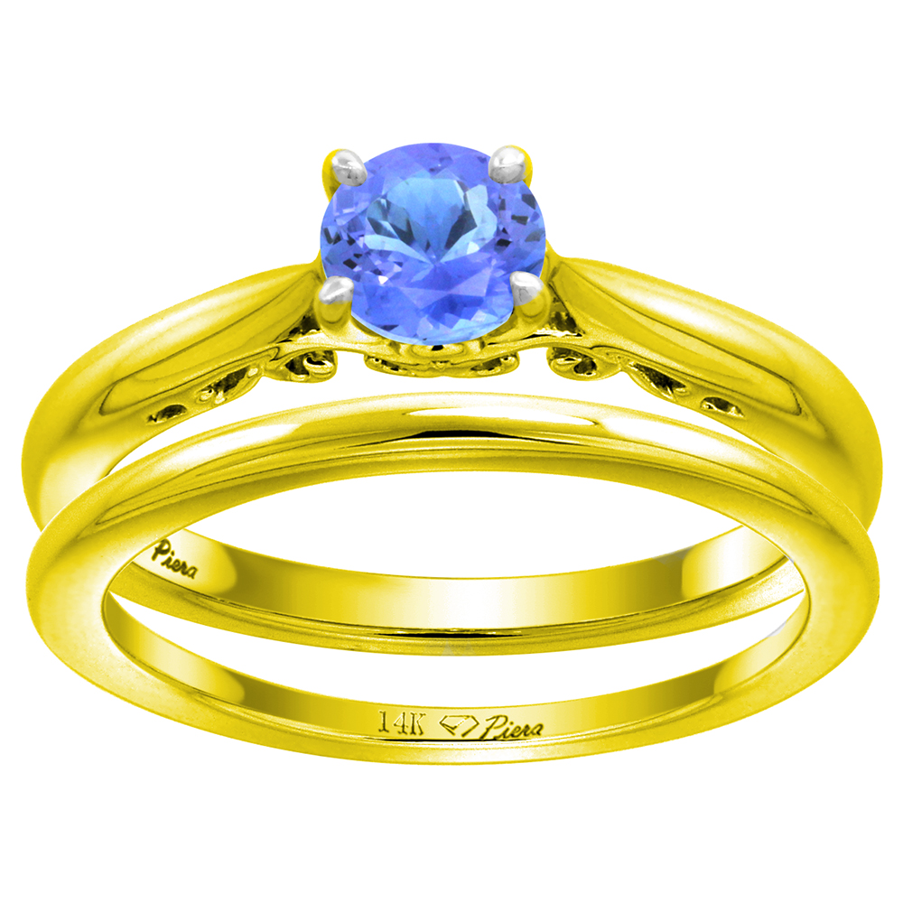 14k Yellow Gold Genuine Tanzanite Solitaire Engagement 2pc Ring Set Round 6mm, size 5-10