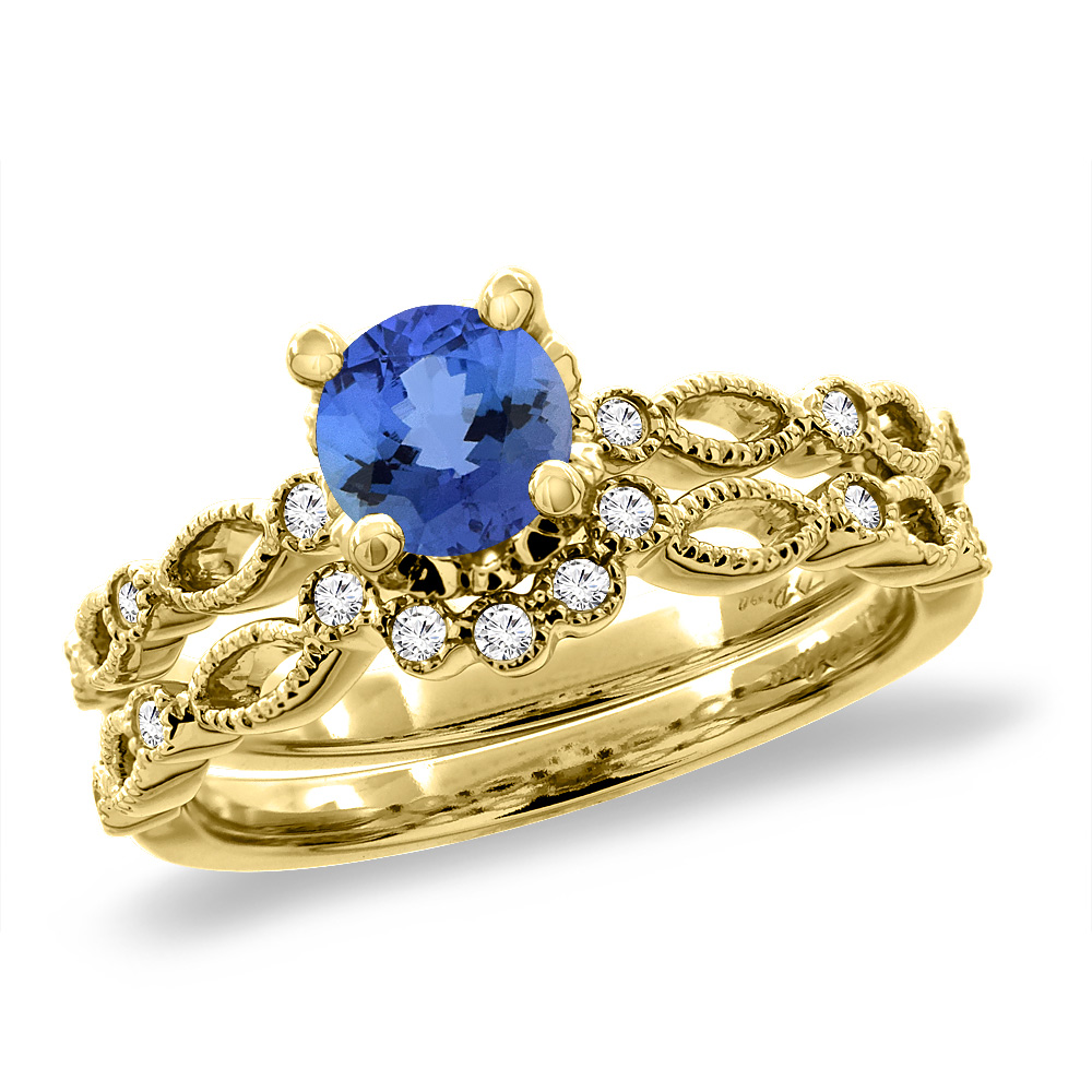 14K Yellow Gold Diamond Natural Tanzanite 2pc Engagement Ring Set Round 5 mm, sizes 5 - 10