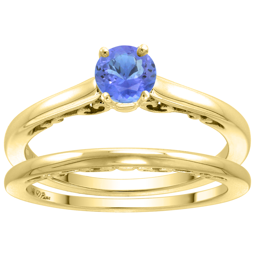 14k Yellow Gold Genuine Tanzanite Solitaire Engagement 2pc Ring Set Round 4mm, size 5-10