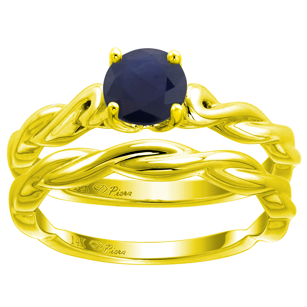 14k Yellow Gold Quality Genuine Blue Sapphire 2pc Solitaire Ring Set Round 6mm Twisted Shank, size 5-10