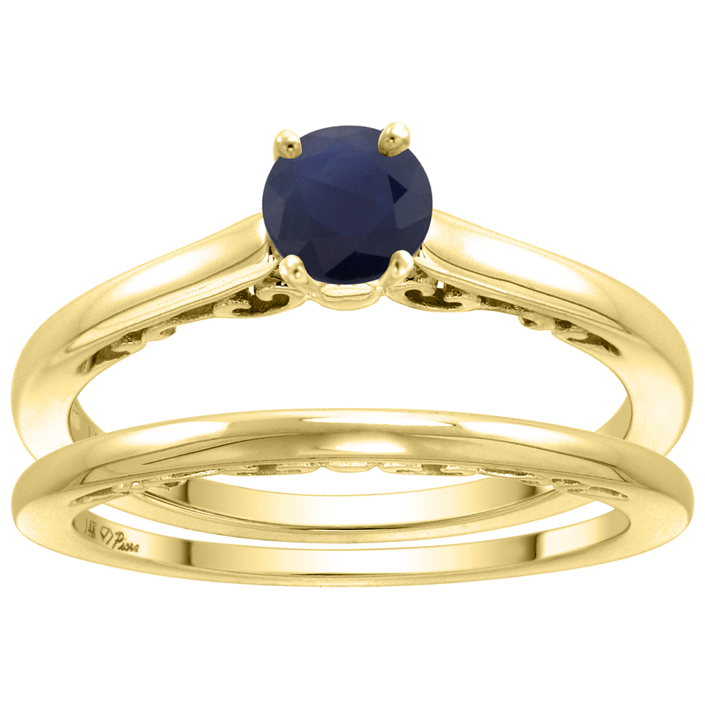 14k Yellow Gold Quality Genuine Blue Sapphire Engagement 2pc Ring Set Round 4mm, size 5-10