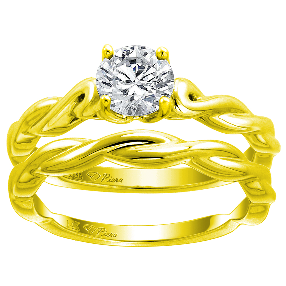 14k Yellow Gold Cubic Zirconia 2pc Solitaire Engagement Ring Set Round 6mm Twisted Shank, size 5-10