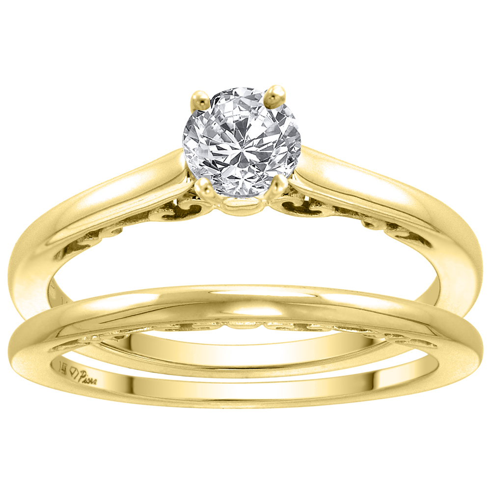 14k Yellow Gold 0.25 carat size Cubic Zirconia Solitaire Engagement 2pc Ring Set Round 4mm, size 5-10