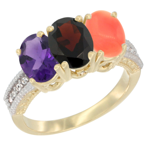 10K Yellow Gold Diamond Natural Amethyst, Garnet & Coral Ring Oval 3-Stone 7x5 mm,sizes 5-10