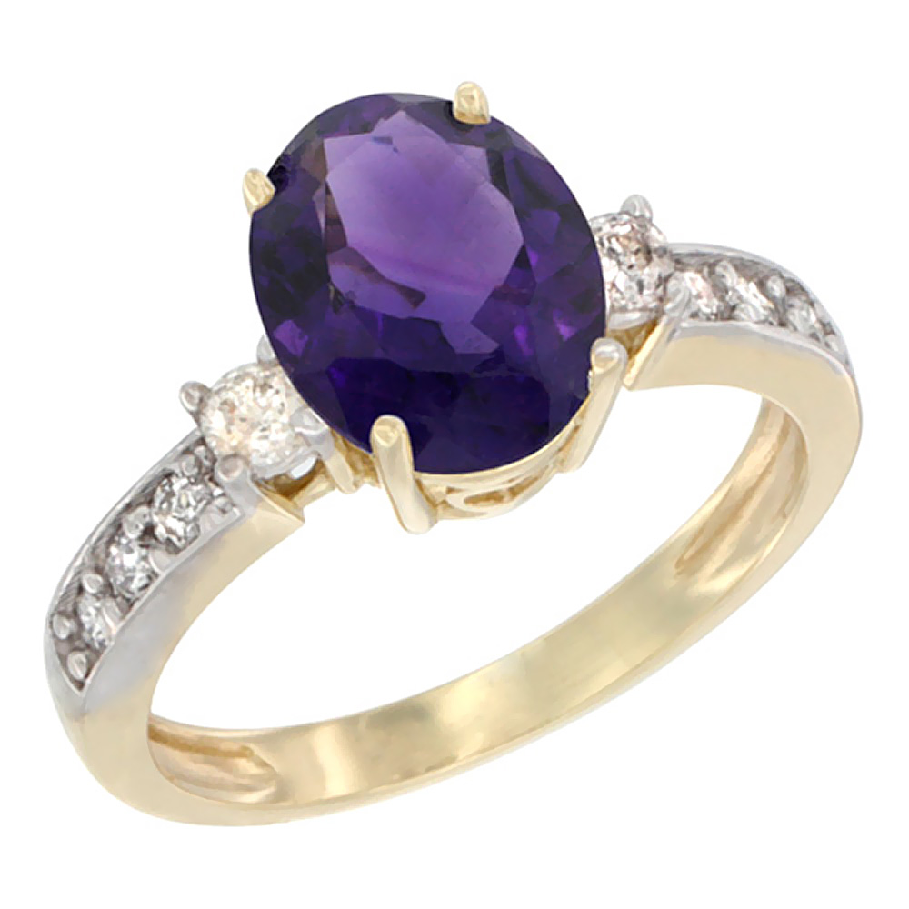 10K White Gold Genuine Amethyst Ring Oval 9x7 mm Diamond Accent sizes 5 - 10