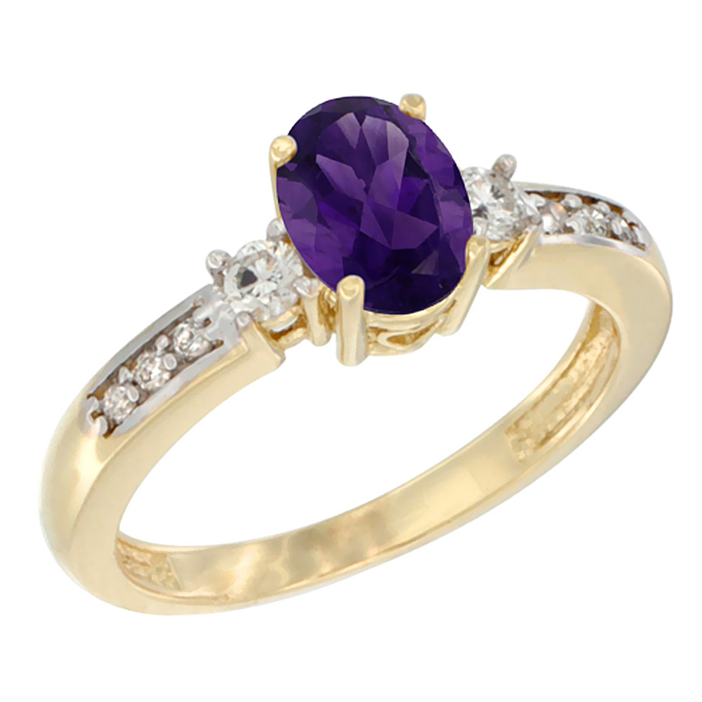 10K White Gold Diamond Genuine Amethyst Engagement Ring Oval 7x5 mm sizes 5 - 10