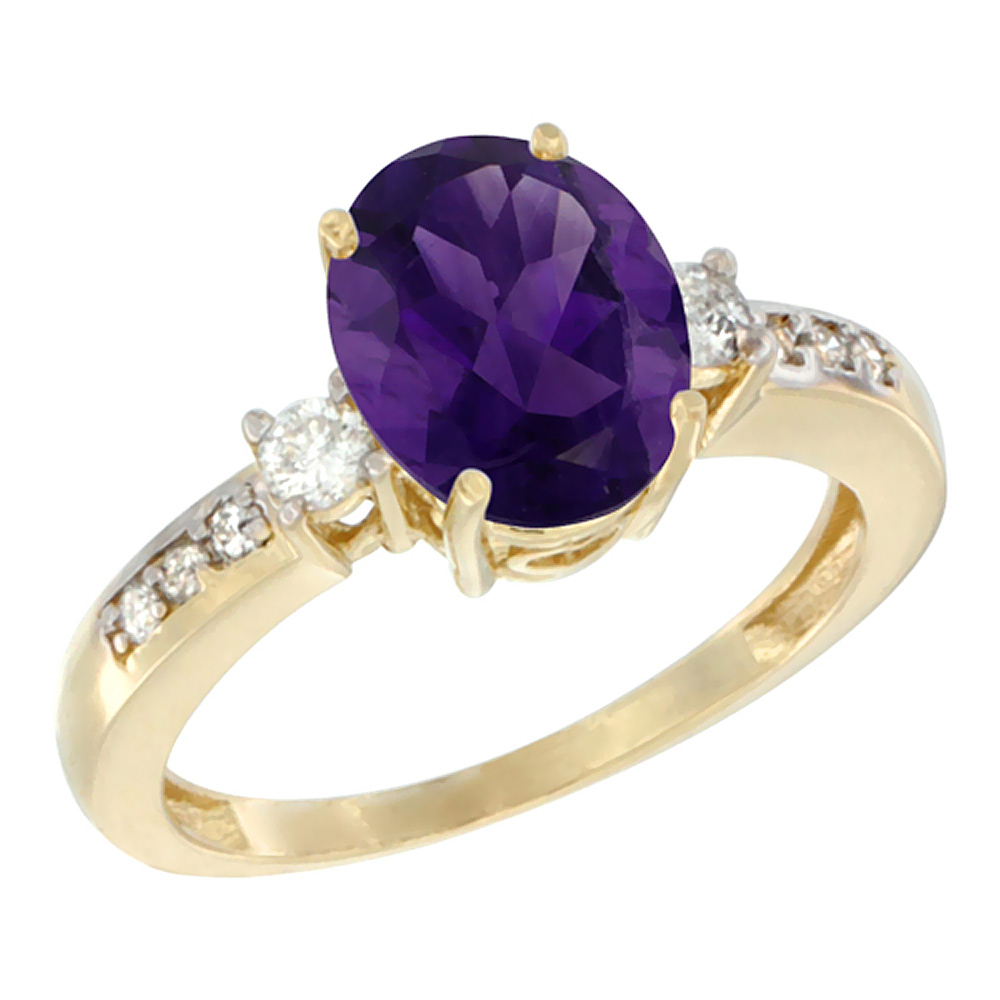 10k Yellow Gold Genuine Amethyst Ring Oval 9x7 mm Diamond Accent sizes 5 - 10