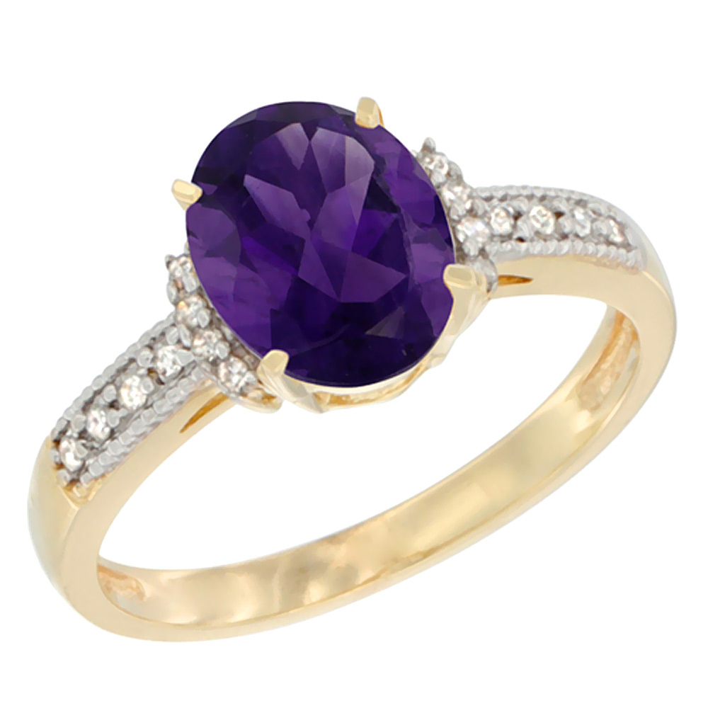10K Yellow Gold Genuine Amethyst Ring Oval 9x7 mm Diamond Accent sizes 5 - 10