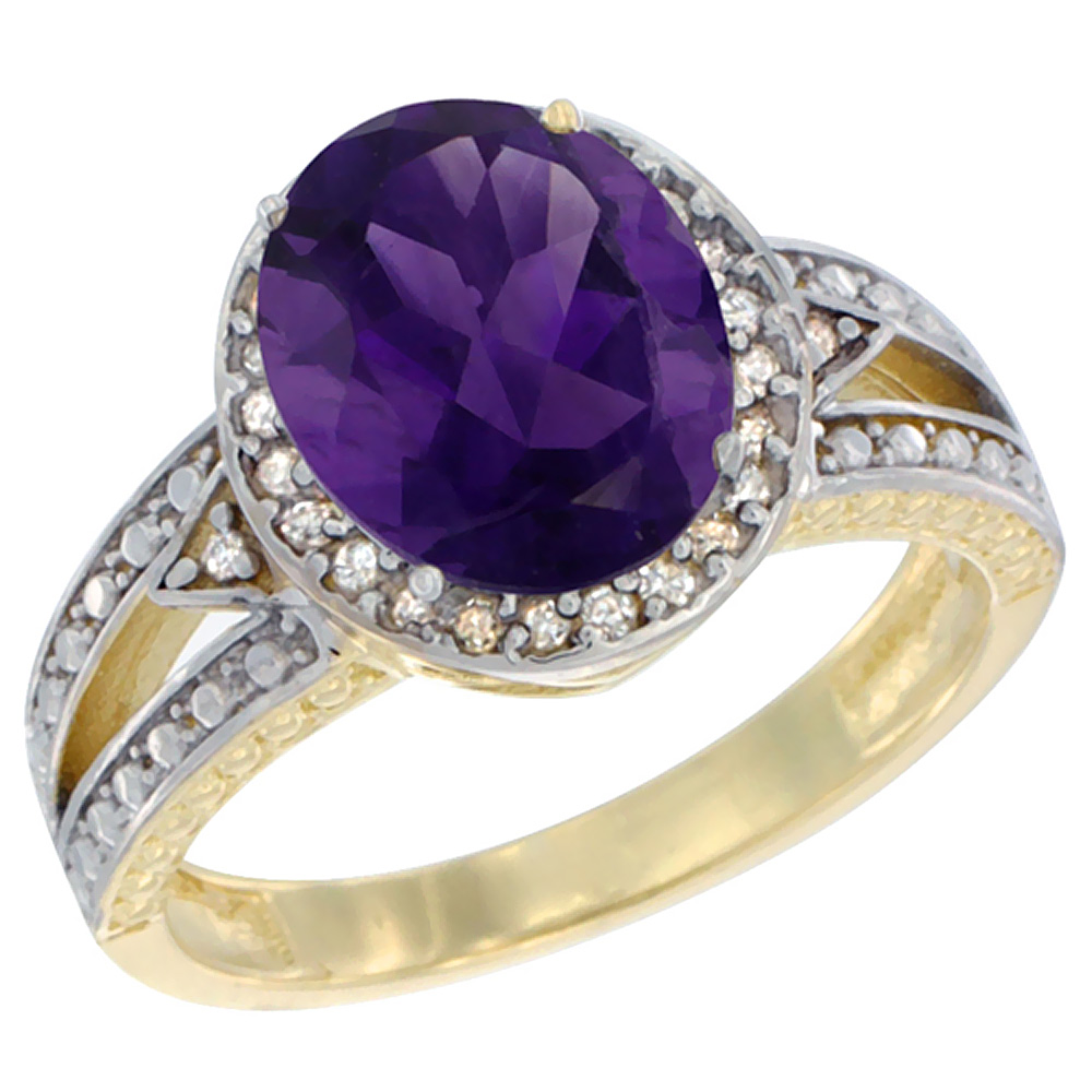 10k Yellow Gold Diamond Halo Genuine Amethyst Ring Oval 9x7 mm sizes 5 - 10