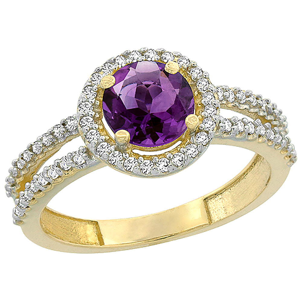 10K Yellow Gold Diamond Halo Genuine Amethyst Ring Round 6mm sizes 5 - 10