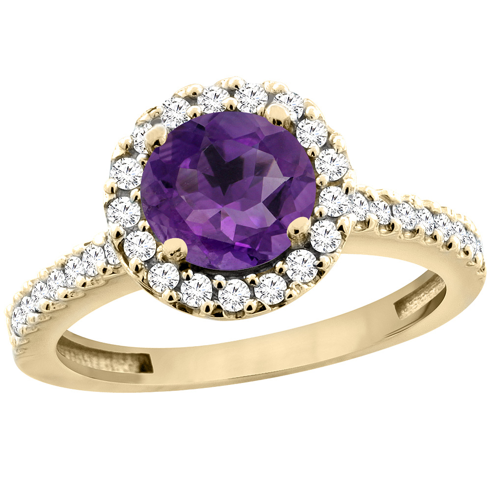10K Yellow Gold Diamond Halo Genuine Amethyst Ring Round 6mm Floating sizes 5 - 10