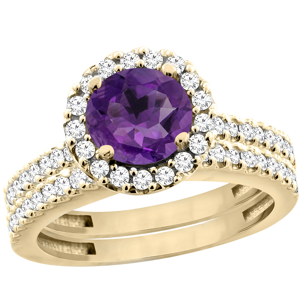 10K Yellow Gold Diamond Halo Genuine Amethyst Round 6mm 2-Piece Engagement Ring Set Floating sizes 5 - 10