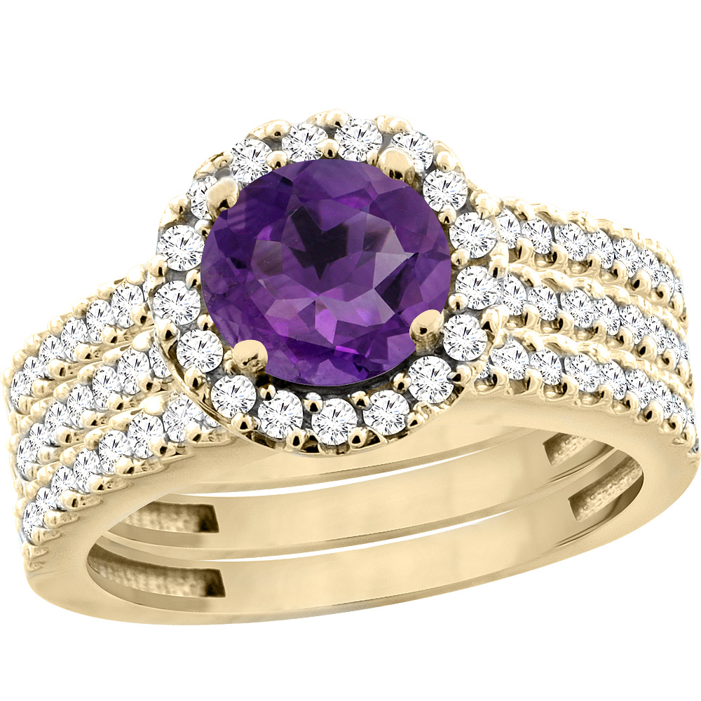 10K Yellow Gold Diamond Halo Genuine Amethyst 3-Piece Bridal Ring Set Round 6mm sizes 5 - 10