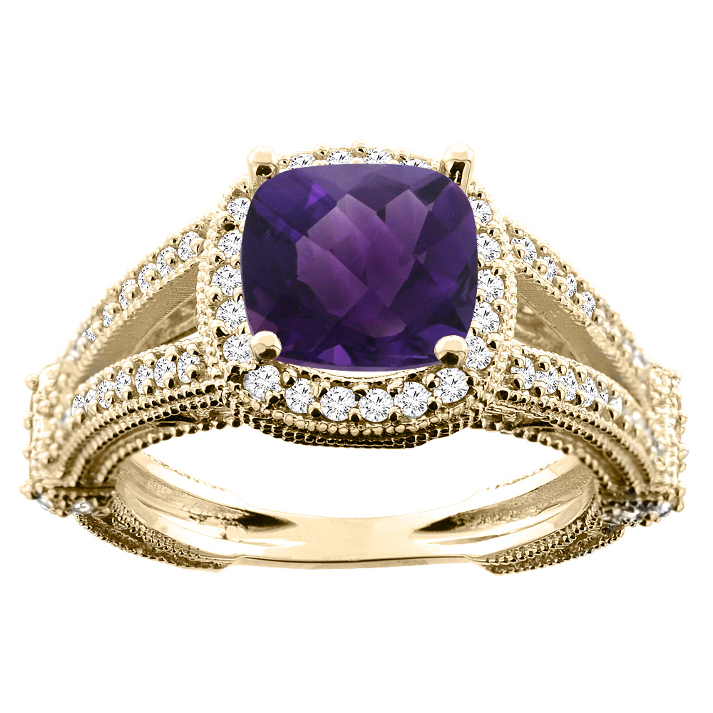 10K White/Yellow/Rose Gold Genuine Amethyst Cushion 8x8mm Diamond Accent 3/8 inch wide sizes 5 - 10
