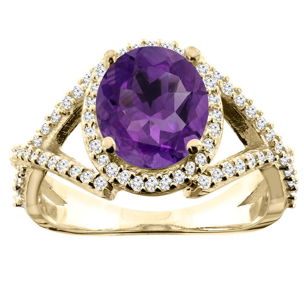 14K Yellow Gold Natural Amethyst Ring Oval 9x7mm Diamond Accent, size 5