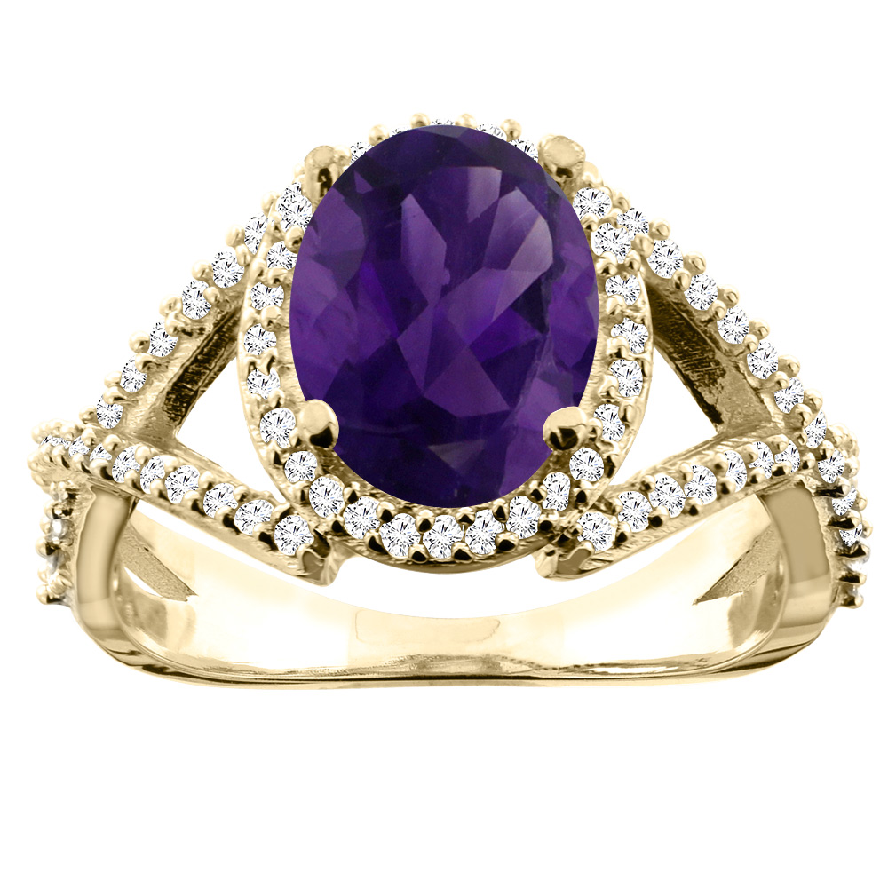 14K White/Yellow/Rose Gold Natural Amethyst Ring Oval 10x8mm Diamond Accent, sizes 5 - 10