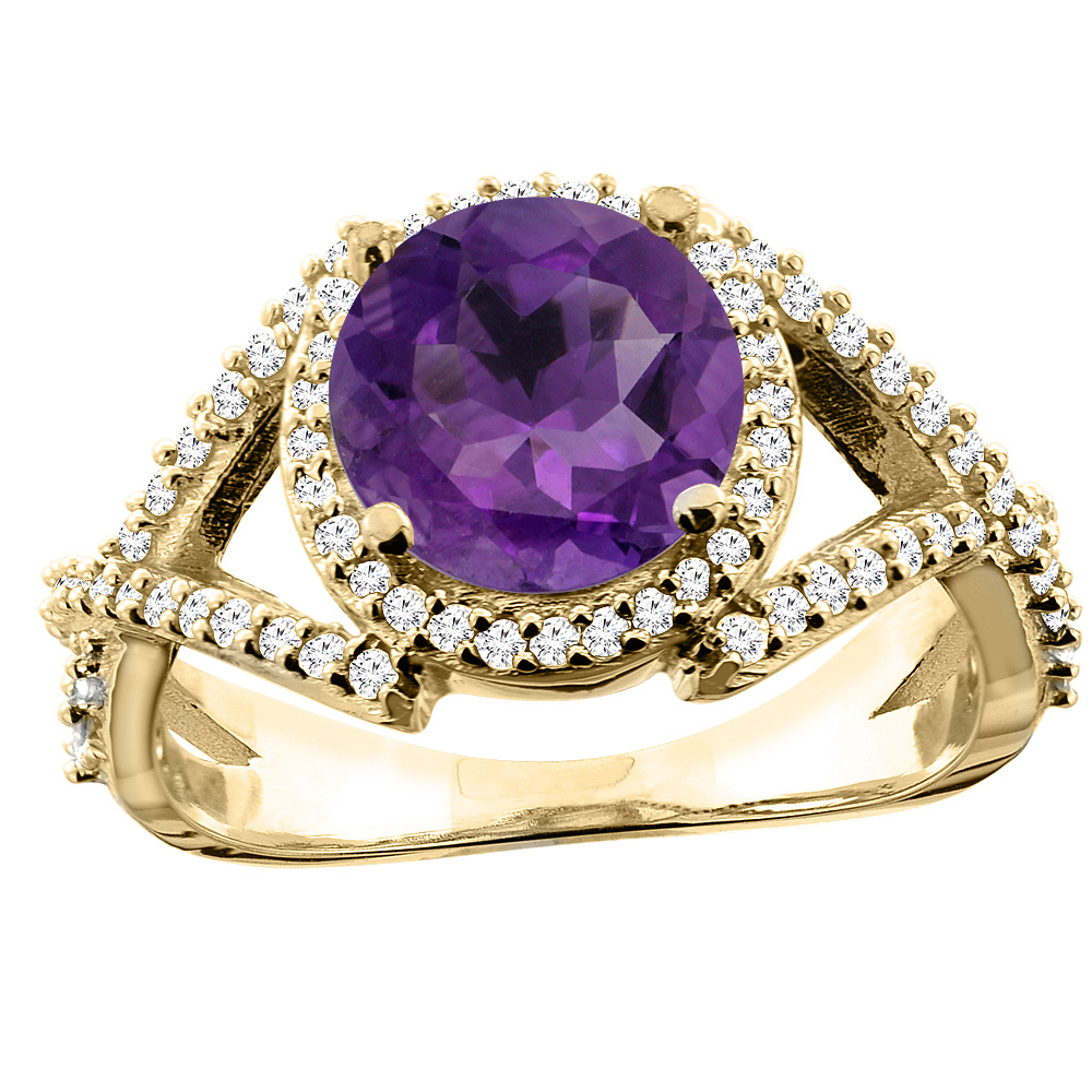 14K White/Yellow/Rose Gold Natural Amethyst Ring Round 8mm Diamond Accent, size 5