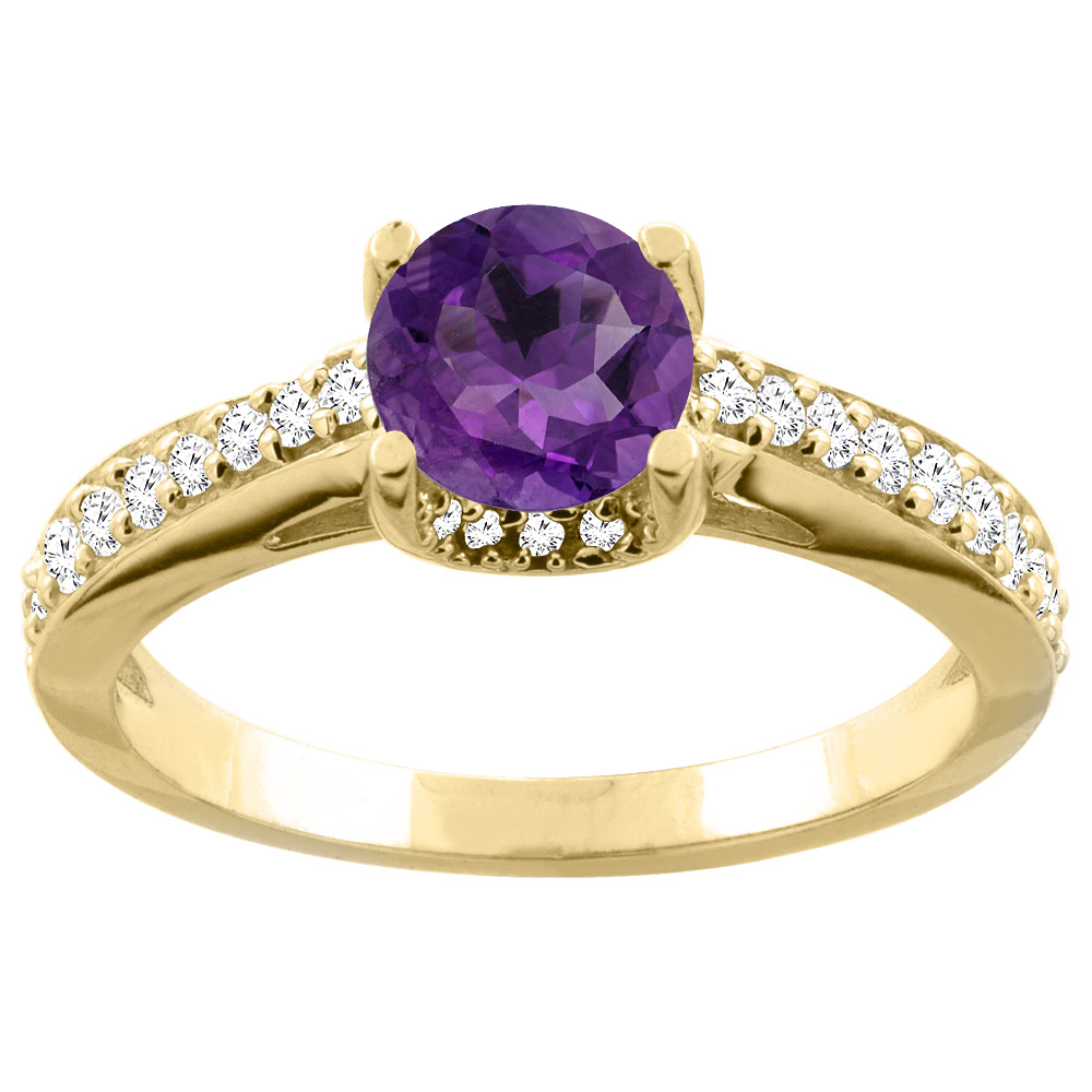 10K White/Yellow Gold Genuine Amethyst Ring Round 6mm Diamond Accents 1/4 inch wide sizes 5 - 10