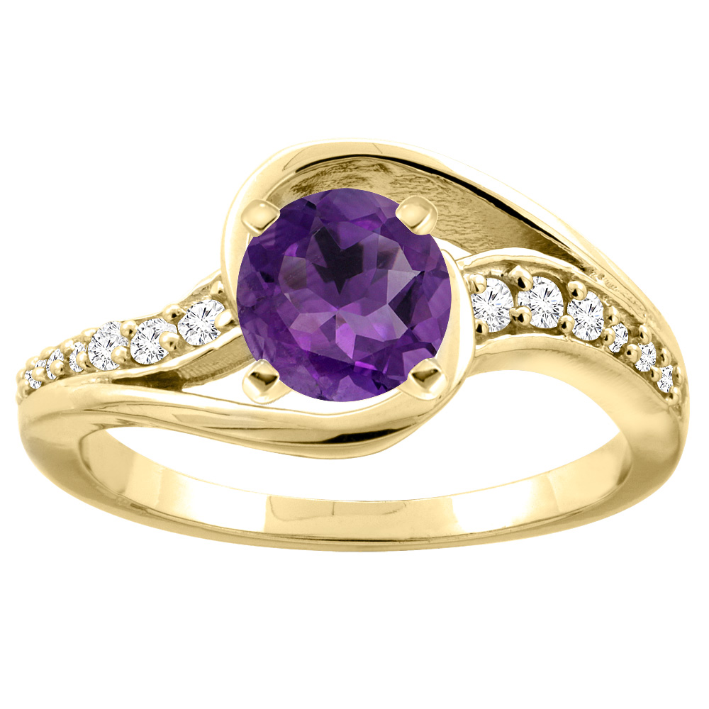 10K White/Yellow Gold Genuine Amethyst Bypass Ring Round 6mm Diamond Accent sizes 5 - 10