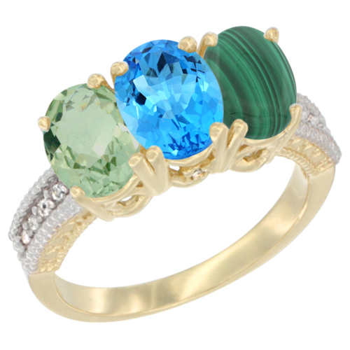 10K Yellow Gold Diamond Natural Green Amethyst, Swiss Blue Topaz & Malachite Ring Oval 3-Stone 7x5 mm,sizes 5-10