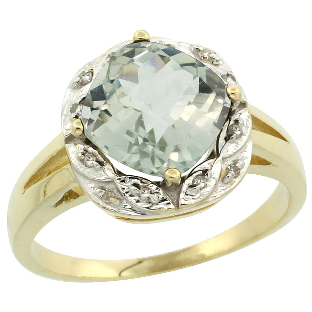 10k Yellow Gold Diamond Halo Genuine Green Amethyst Ring Cushion-cut 8x8mm sizes 5-10
